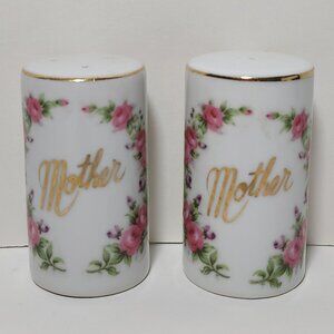 Vintage "Mother" Porcelain Salt & Pepper Shakers - Pink Roses & Gold Trim